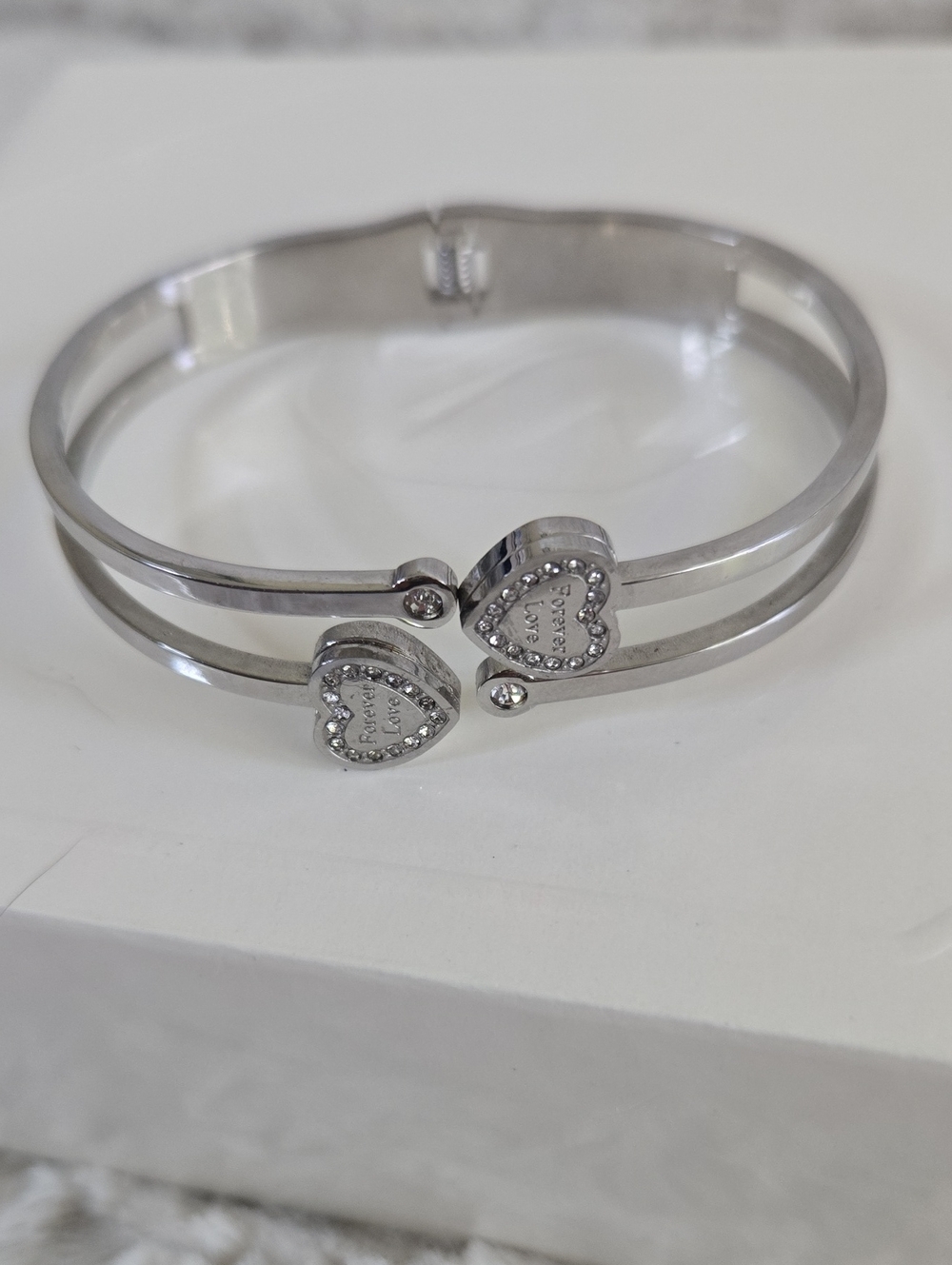 Silver Heart Accent Double-Band Bangle Bracelet